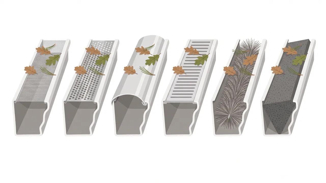 Illustration of six gutter guard styles side by side on gutters: micro mesh, mesh screen, reverse curve hood, PVC cover, brush insert and foam insert, with leaves and pine needles on top