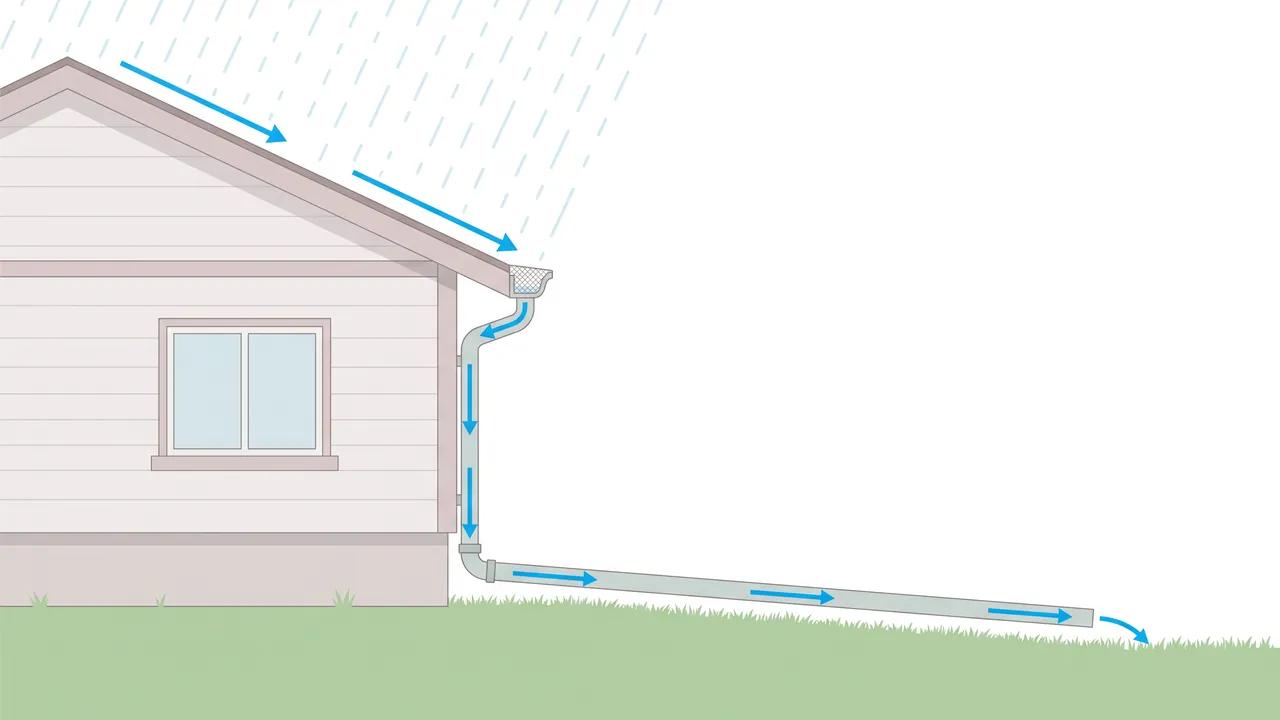 Illustration of rainwater running from a roof into a covered gutter, down a downspout and out through an extension pipe onto a lawn that slopes away from the house