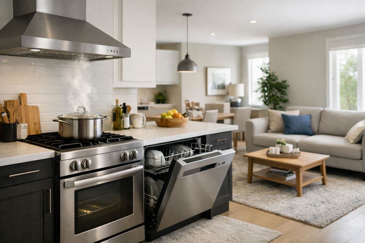 An open-plan kitchen and living area with a range hood above the stove, a pot simmering on the cooktop, a dishwasher door partly open, soft furnishings and rugs used to reduce noise, and everyday countertop items visible from the adjoining sofa area
