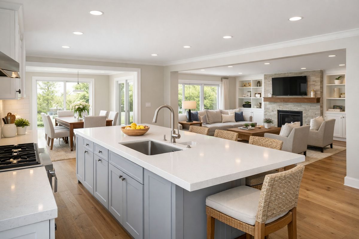 A bright remodeled kitchen with the wall removed to open into a living room, showing a large island, daylight flowing through wide openings, a dining table nearby, and clear sightlines from the cooking area into the seating space