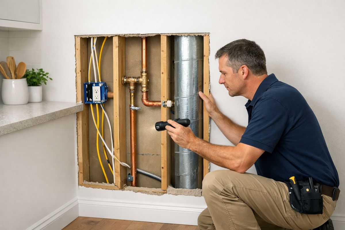 An interior kitchen wall opened up to reveal electrical cables, copper plumbing lines, and a metal duct run inside the stud cavity, with drywall removed in a controlled section and a remodeler inspecting the hidden utilities before any further demolition