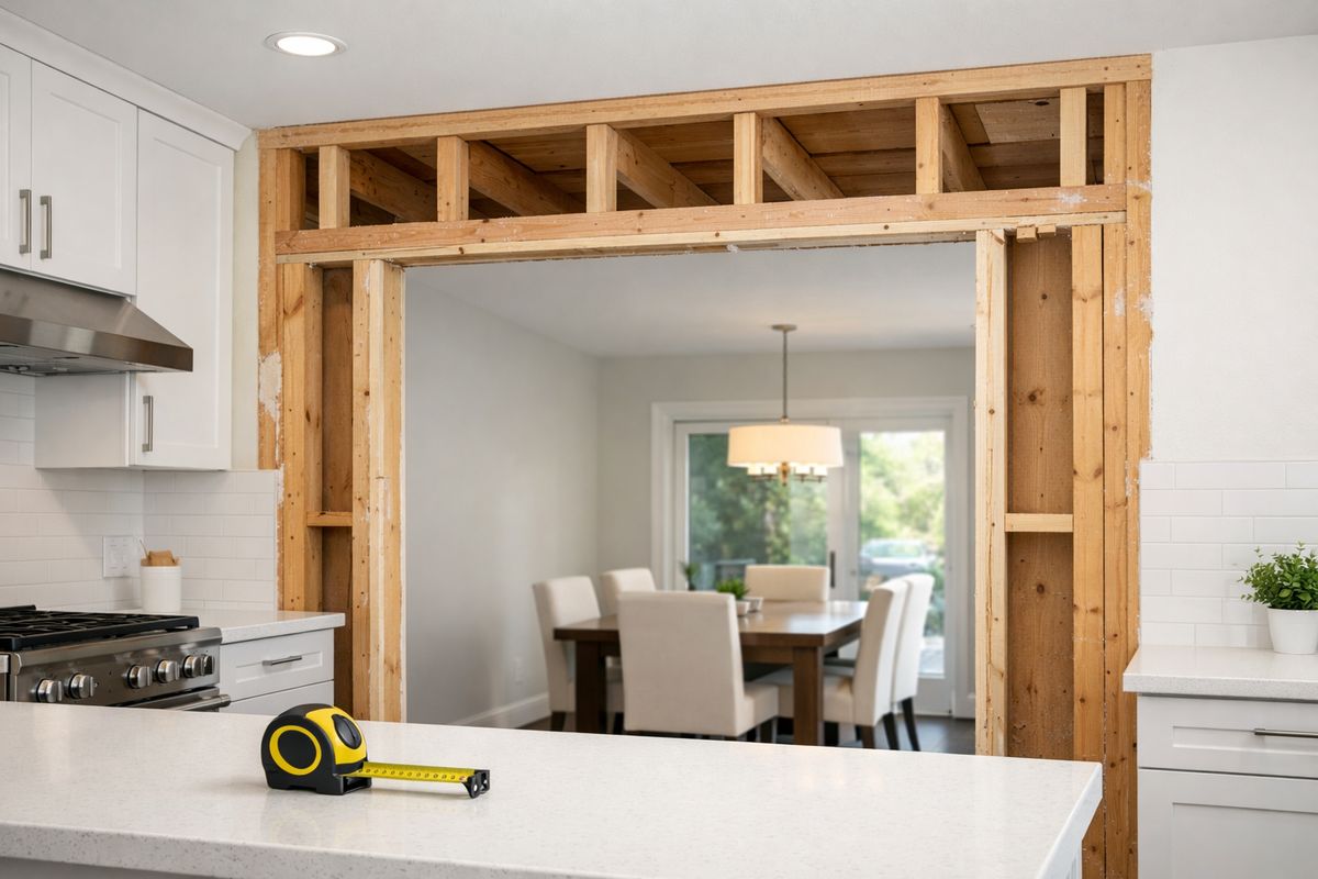 A bright kitchen with the partial wall between the kitchen and dining room already marked for removal, showing exposed framing around a doorway-sized opening, a tape measure on the counter, and visible ceiling joists above the wall line in a home being prepared for structural renovation